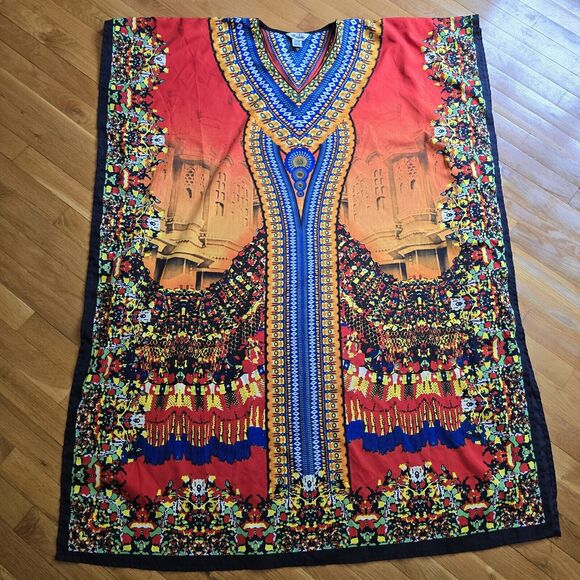 Red Yellow Orange Blue VNeck Kaftan Muu Muu Pool Beach Cover Up Dress India OSFM - Picture 8 of 13